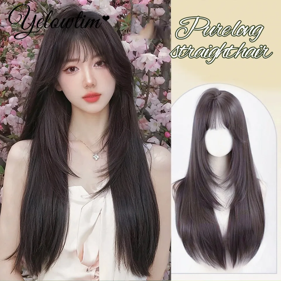 YELOWTIM Synthesis High Level Natural Women's Long Straight Hair Wig Fashionable Natural Anti-aging Full Head Cover