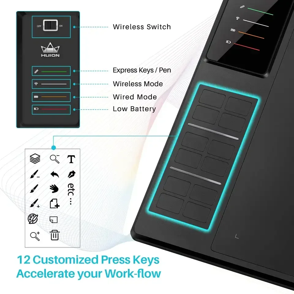 Wireless Graphics Drawing Tablet with Battery-Free Stylus 8192 Levels Pen Pressure WH1409 V2