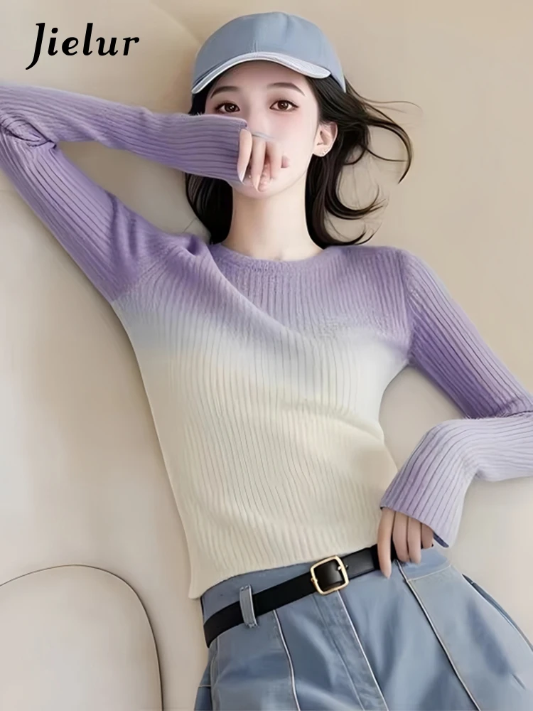 New Chic Sweet Gradient Color Basic O-Neck Female Pullovers Korean Fashion Striped Simple Long Sleeves Knitted Women Pullovers