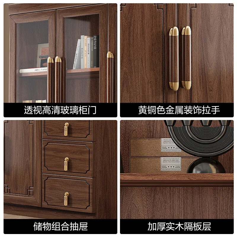 New Chinese Solid Wood Bookcase Black Walnut Bookcase Combination Glass Cabinet with Door Floor to Wall Study Furniture Locker