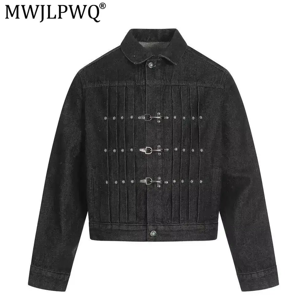 MWJLPWQ Trend Metal Buckle Retro Pleated Denim Jacket Men's American Hip-Hop Design Heavy Streetwear Casual Short Coat 21868