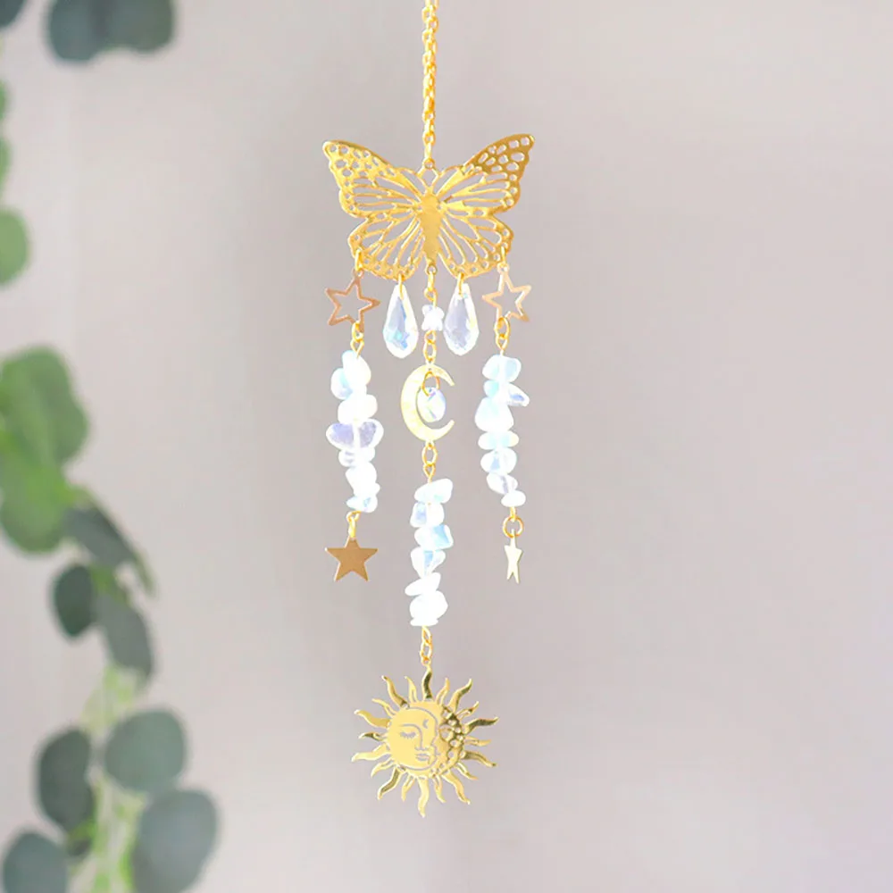 Custom Opal Chip Stone Butterfly Sun Catcher - Glass Pendants Hanging Ornament for Window Decor