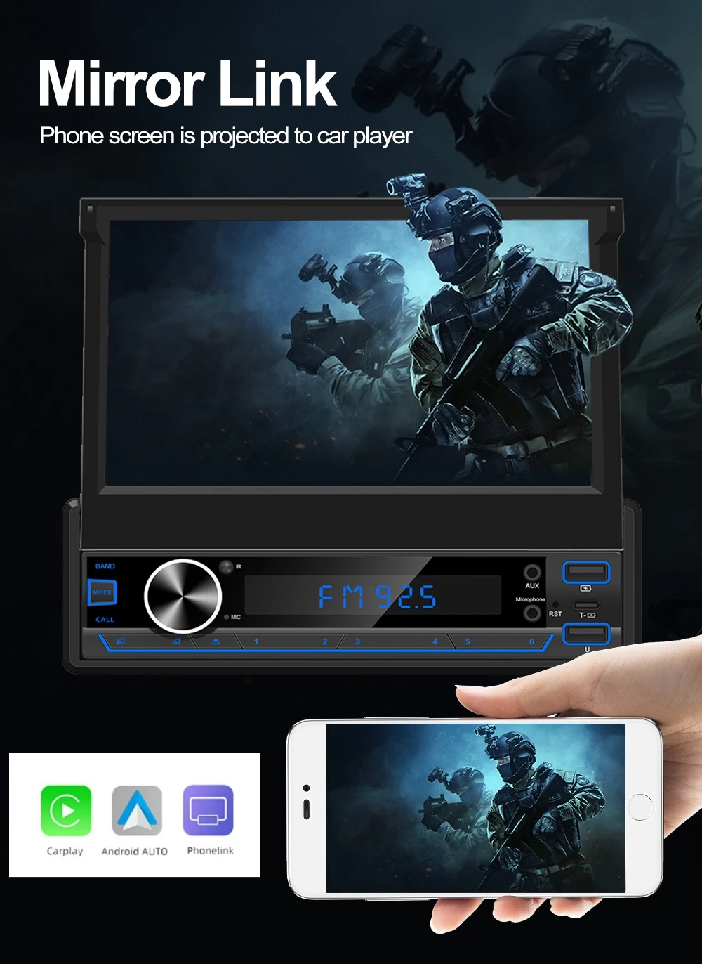 Universal 1Din Car Radio 7 Inch Electric Retractable Touch Screen MP5 Player Wireless Carplay Mirror Link Multimedia Autoradio