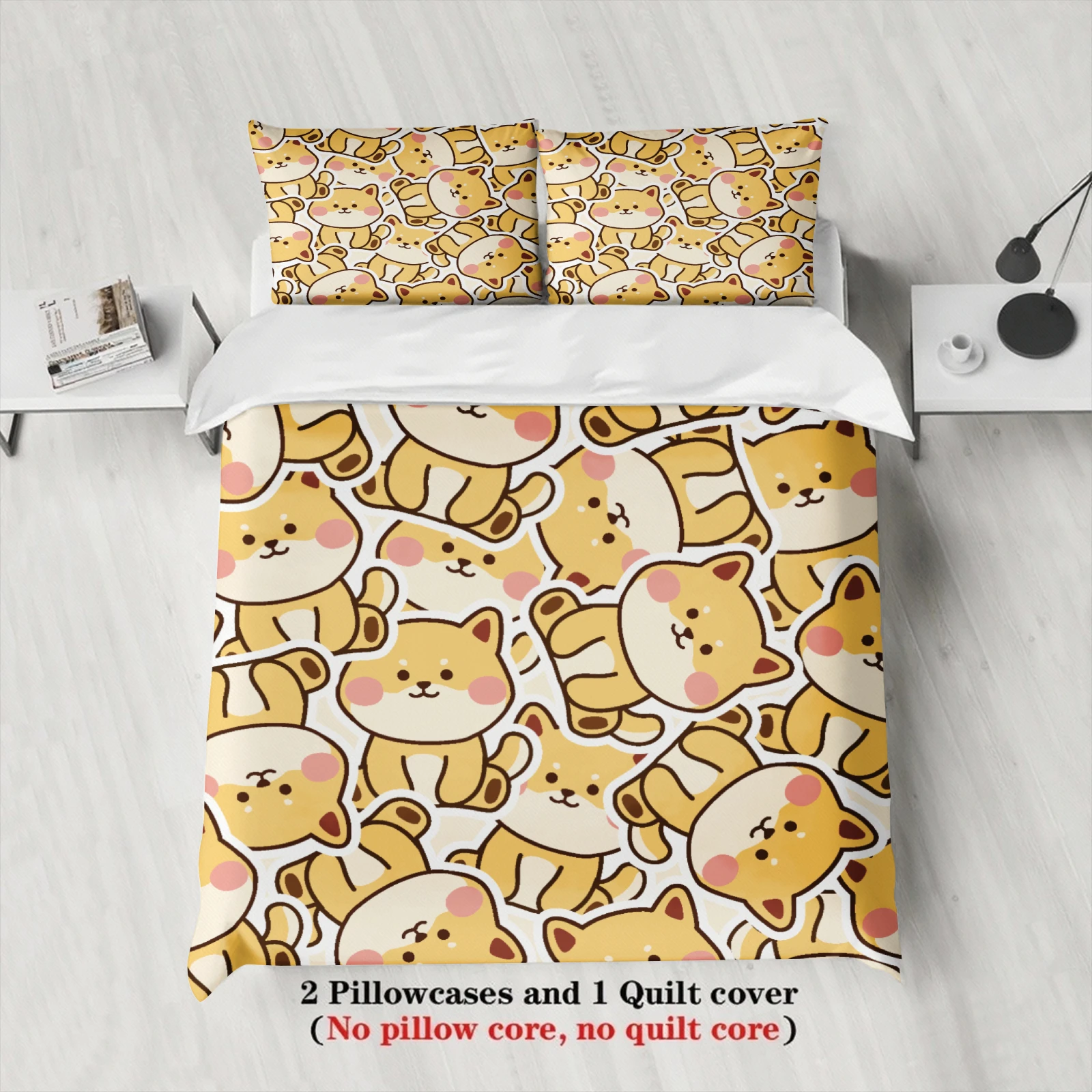3pcs Yellow Cat Bedding Sets 3D Printed Cute Cartoon Cat Dormitory Twin Size For Students Duvet Cover Sets With 2Pillowcases
