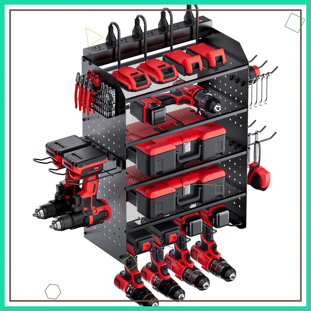

5-Layer Power Tool Charging Station with 8 Outlets, 6 Drill Holders, Side Pegboards & Bit Rack for Garage Workshop