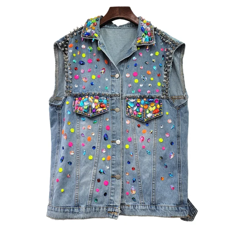 

Multicolour Diamonds Rivet Women Denim Vest Casual Loose Mid Length Cowboy Waistcoat Vintage Blue Sleeveless Jeans Jacket Female