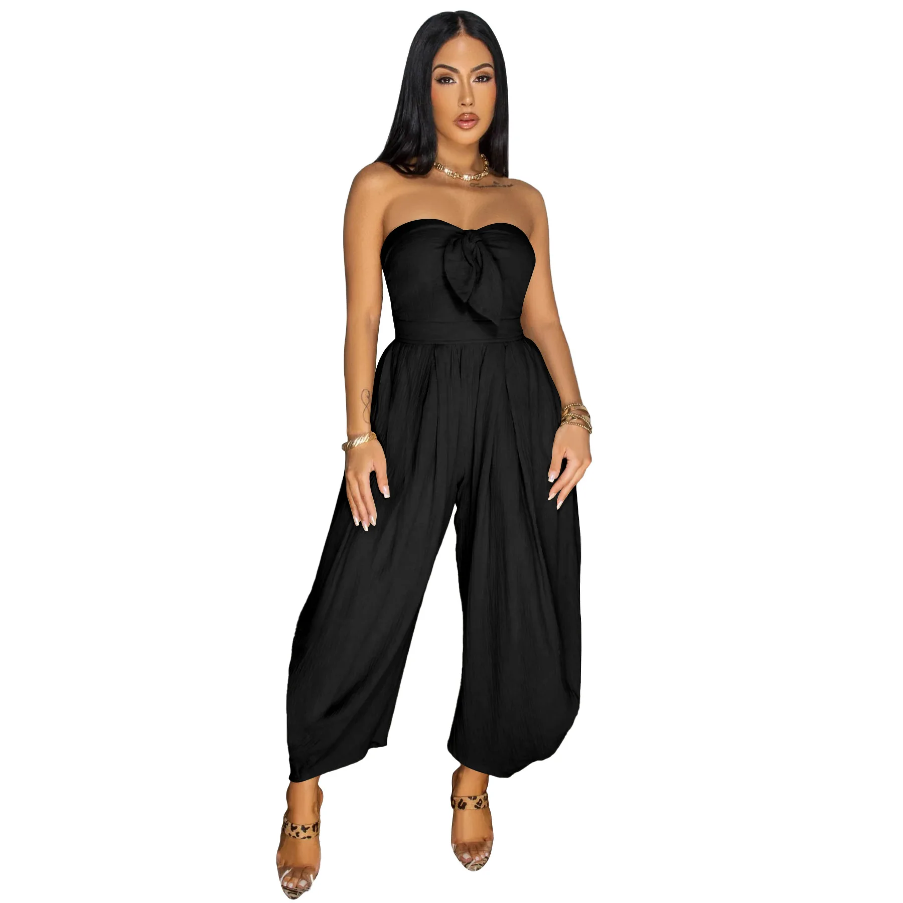 EINY Women Wide Leg Strapless Sleeveless Bowknot Jumpsuits 2025 Summer Nights Club Playsuit One Piece Suit Romper Birthday Dress