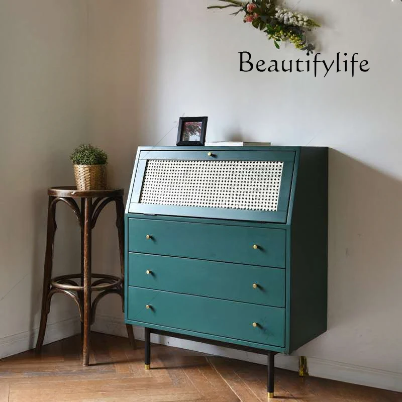 

American-Style Mid-Ancient Solid Wood Chest of Drawers Rattan Simple Storage Cabinet