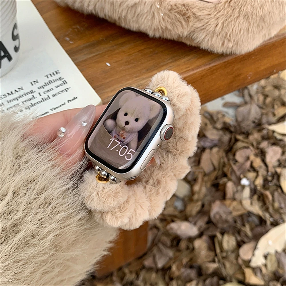 Cute Furry Maillard Plush Ball Soft Strap For Apple Watch 44mm 40 45 41 49 42 38 Gift Bracelet For Ultra Series 9 8 SE 7 6 5 4 3