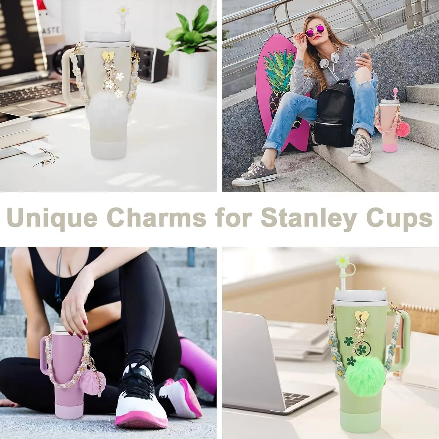 7Pcs Accessory Set Includes For Stanley Cup 1 Water Bottle Handle Strap, 1 Cup Cover, 1 Fixed Cup Cover, 1Straw Cover, 3 Charms image 4