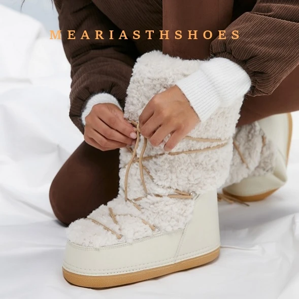 

Winter Mid-calf Boots Women Snow Boots Lace-Up Warm Thick Bottom Platform Flat Fur Shoes Cotton Plush Skiing Boots Size 35-42