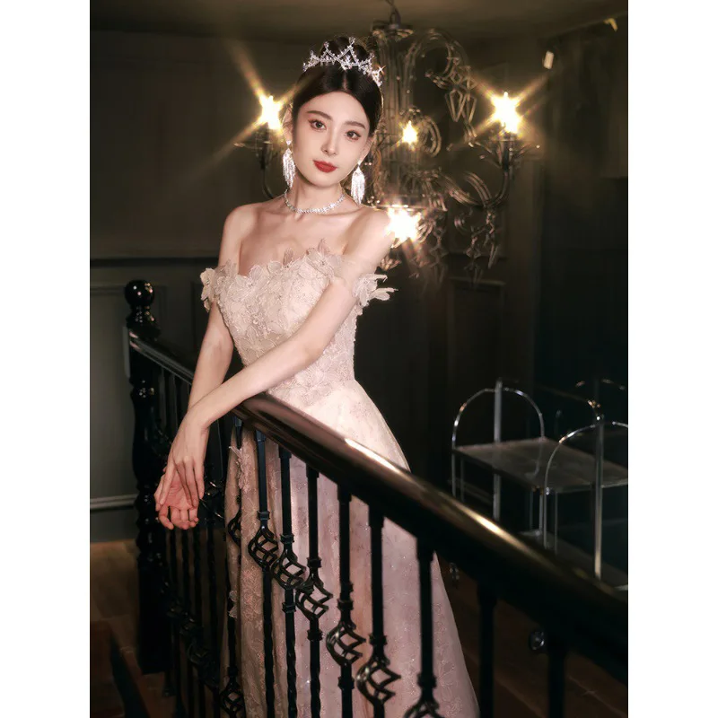 2025, neues lässiges rosa Blumen-Abendkleid, High-End-Verlobung, Hochzeit, Toast-Kleid, elegantes Host-Performance-Abschluss-langes Kleid