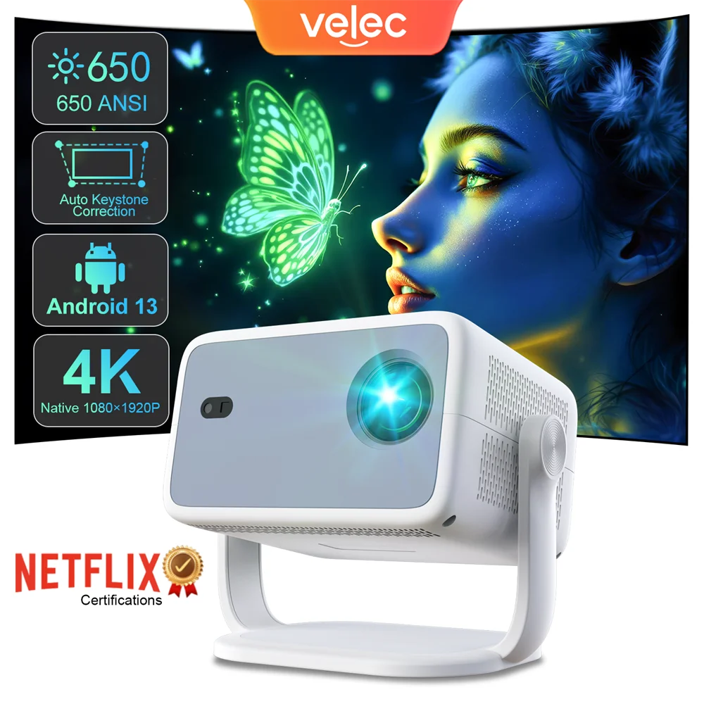 Velec Projector Android 13 Native 1080P 650ANSI Amlogic T950D4 Wifi6 BT5.2 Netflix Certification 4K Portable Outdoor Projector