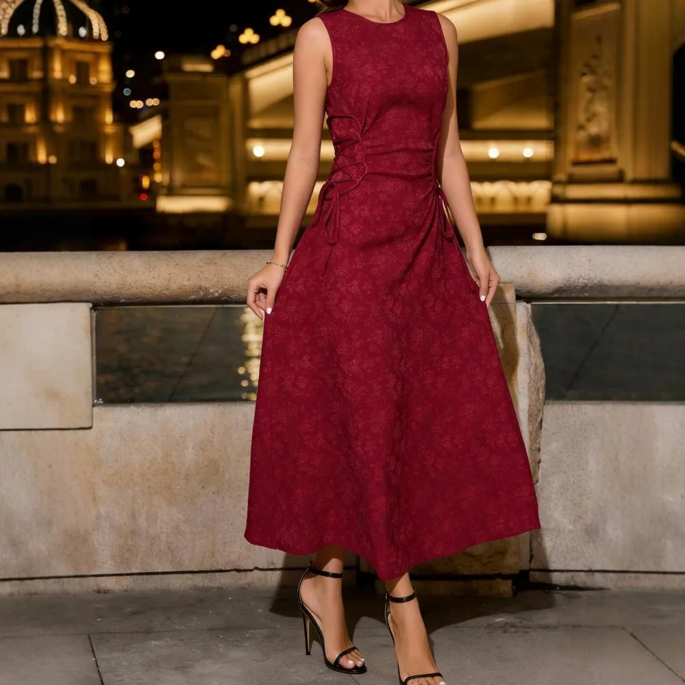 High End Women's Wine Red Jacquard Dress with Waist Cinching and A-line Tie, Long Dress for Banquets and Parties, Evening Gown