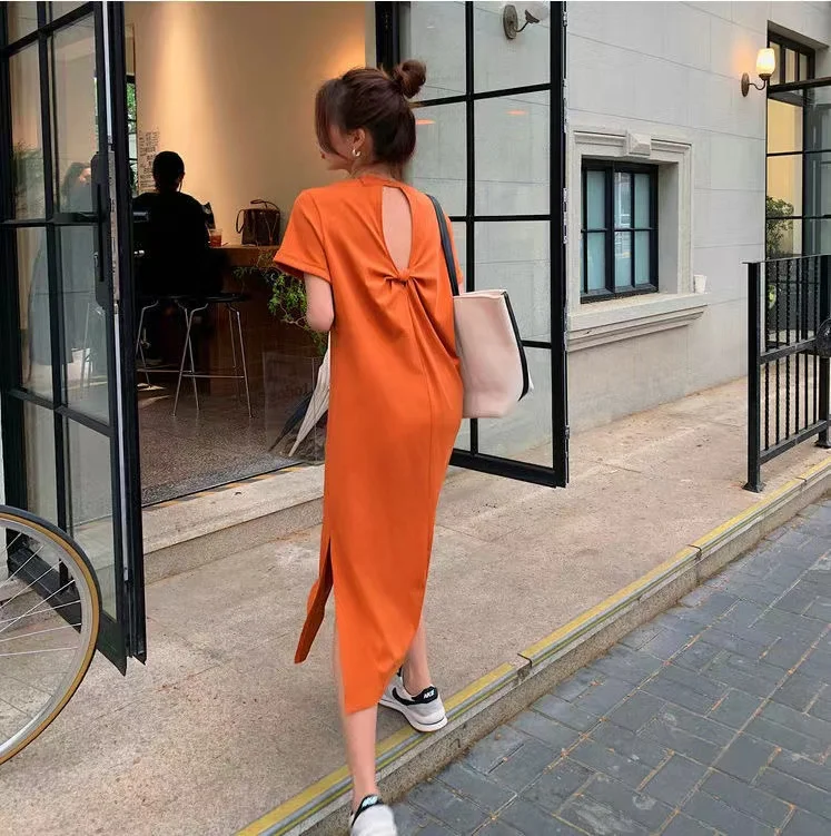 2022 Summer Casual Long T-Shirt Skirt Pajamas Girl's Backless Loose Oversized Short-sleeved Women's Long Dresses 45-150kgs