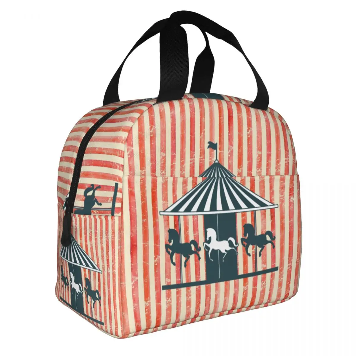 Custom Horse Carousel Stripes Thermal Insulated Lunch Bag Amusement Park Resuable Lunch Container Travel Multifunction Food Box