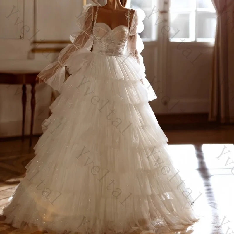 Customized Temperament Princess Long Shiny Wedding Dresses Full Sleeves Tiered  Sweetheart Ball Gown Fascinating Bridal Gown