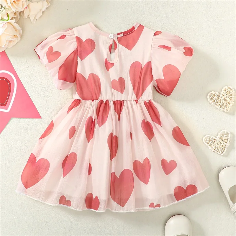 Adorable Toddler Girl Valentine s Day Outfit Sweetheart Neckline Flutter Sleeve Heart Print Dress for Spring and Summer