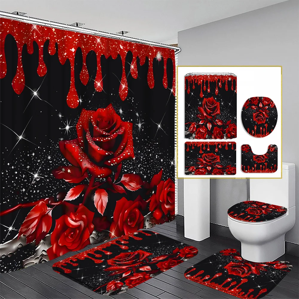 

4pcs Flower Shower Curtain Decoration, Beautiful Housewarming Gift Modern Home Decor, Waterproof Shower Curtain And Toilet Floor
