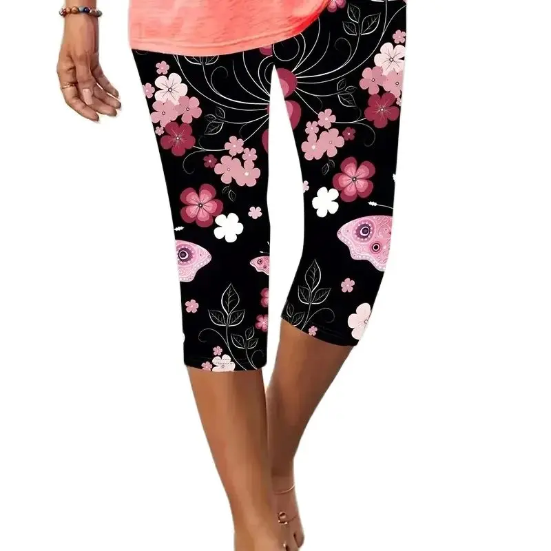 Beach holiday flower print slim-fit elastic elastic waist tight casual capri leggings for women