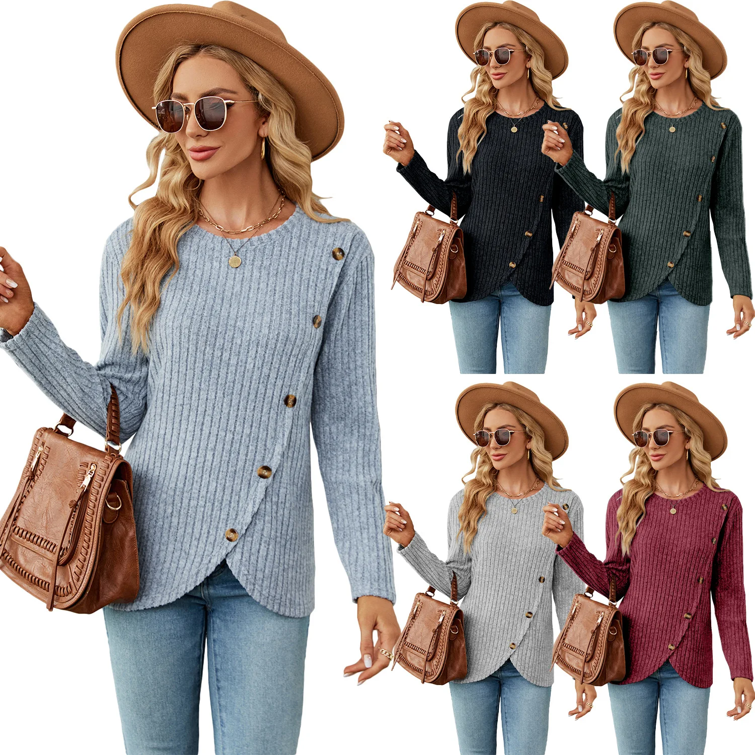 

Women's Clothing 2024 New Autumn Basic Pullover Splice Buttons Solid Round Neck Pullovers Long Sleeve Casual Slim Shirts Women