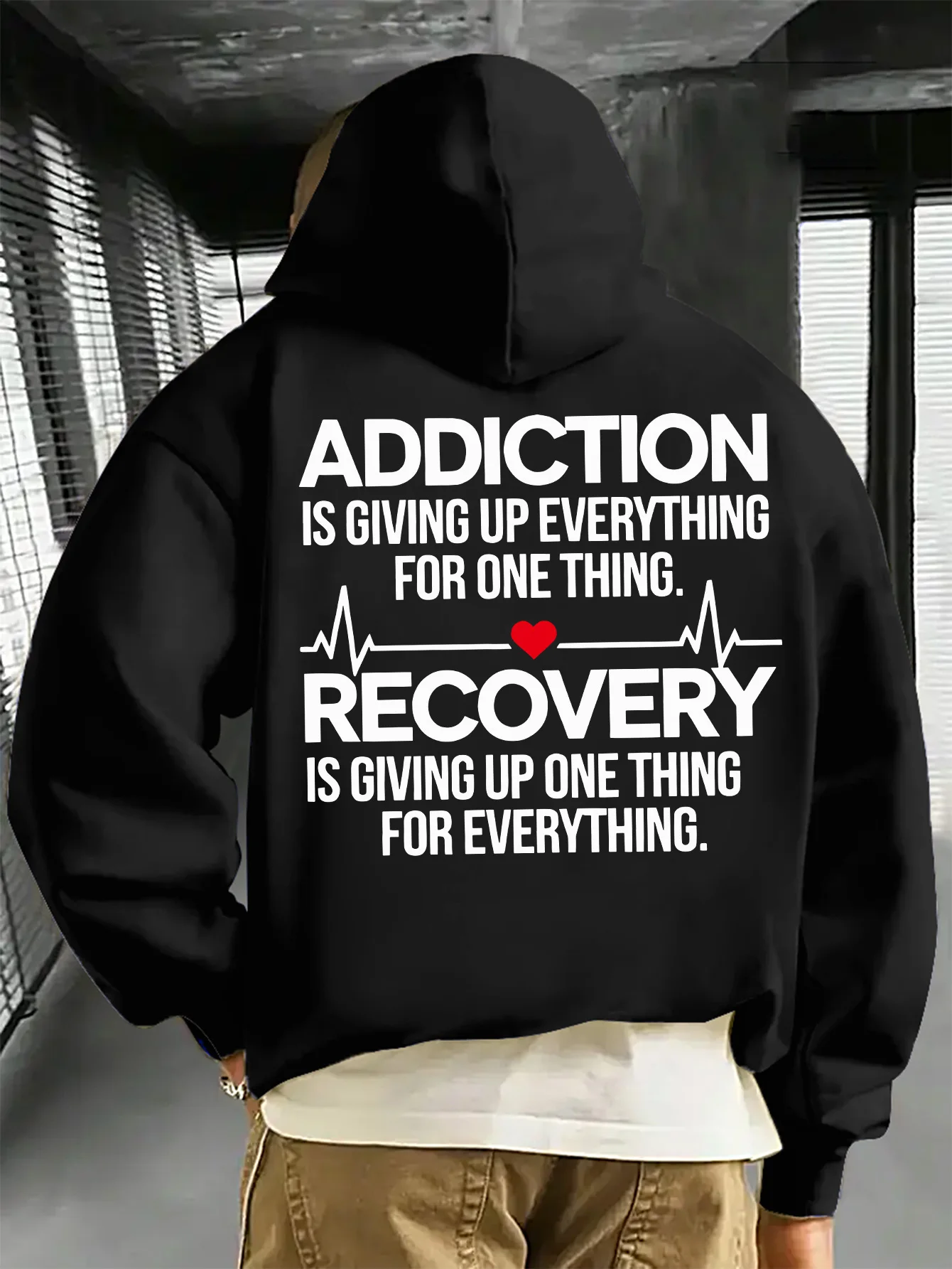Unisex Men's Women's Addiction Recovery Inspire Mental Health Graphic Print Oversized Hoodie Black Streetwear Long Sleeve Top