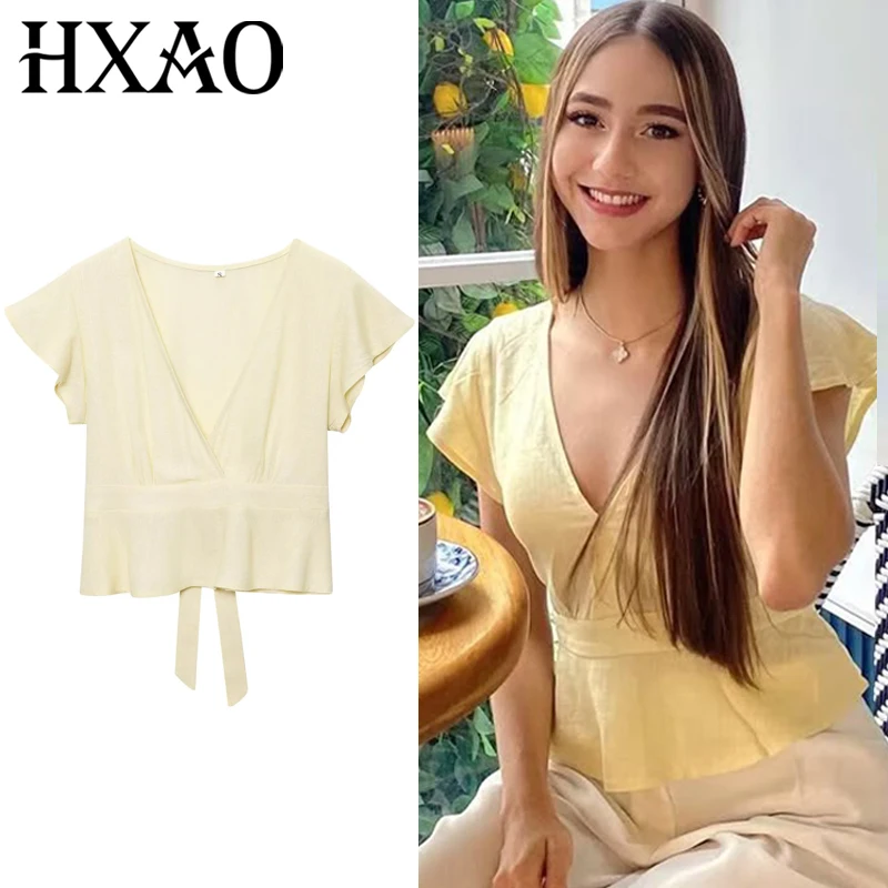 

HXAO укороченный топ с рюшами, женский осень 2025: желтые полосатые майки и майки с v-образным вырезом на шнуровке, туника с короткими рукавами, жилет, модные майки