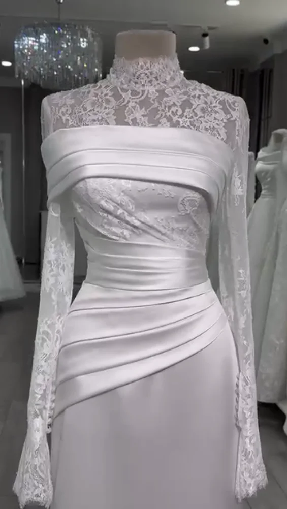 QICHE Satin Muslim Wedding Dresses High Neck Lace Full Sleeves Bride Gowns Dubai Modest White Long Bridal Dress Customized image 3