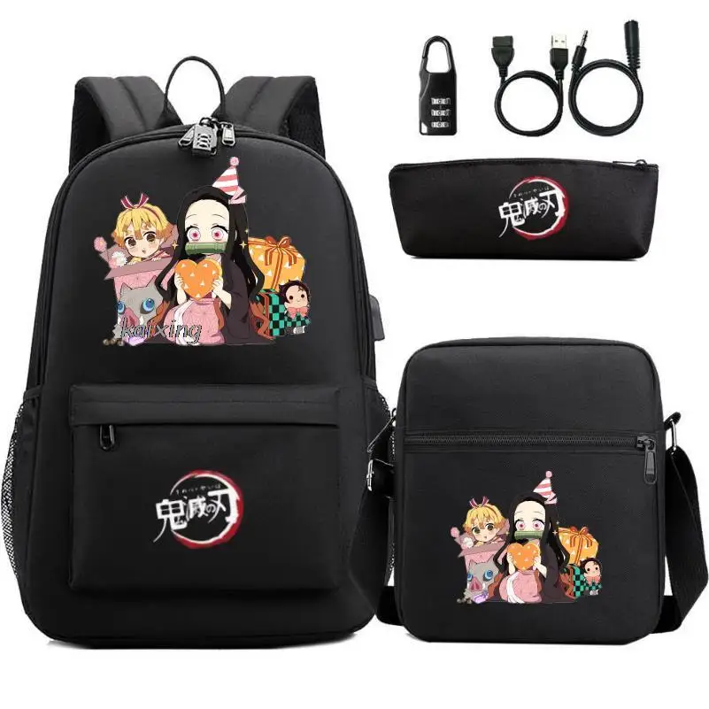 Hot Kamado Nezuko Demon Slayer Bookbag Kids Usb Anti-theft Lock Backpack Boys Girls School bags Daily Backpacks Mochilas Set