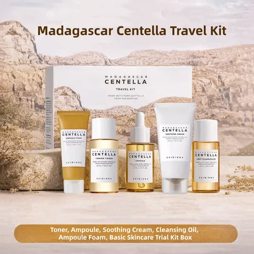 Imagen 1 del producto Kit de Viaje Coreano Centella, Tónico, Ampolla, Crema Calmante, Espuma Limpiadora, Aceite Limpiador, Kit de Prueba Básico para el Cuidado de la Piel, Mini Caja de 5 Piezas