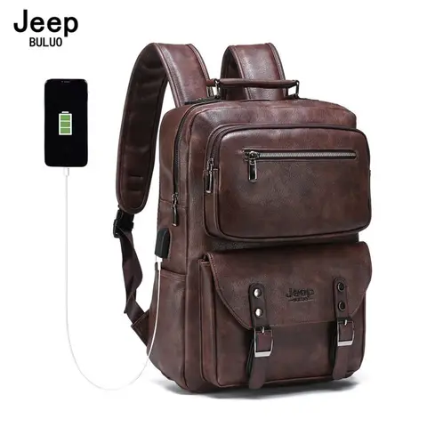 JEEP BULUO 남성용 노트북 배낭 학교 가방, 하이 퀄리티 가죽 블랙 다크 브라운, 대용량 십대 여행 가방, 15.6 인치
