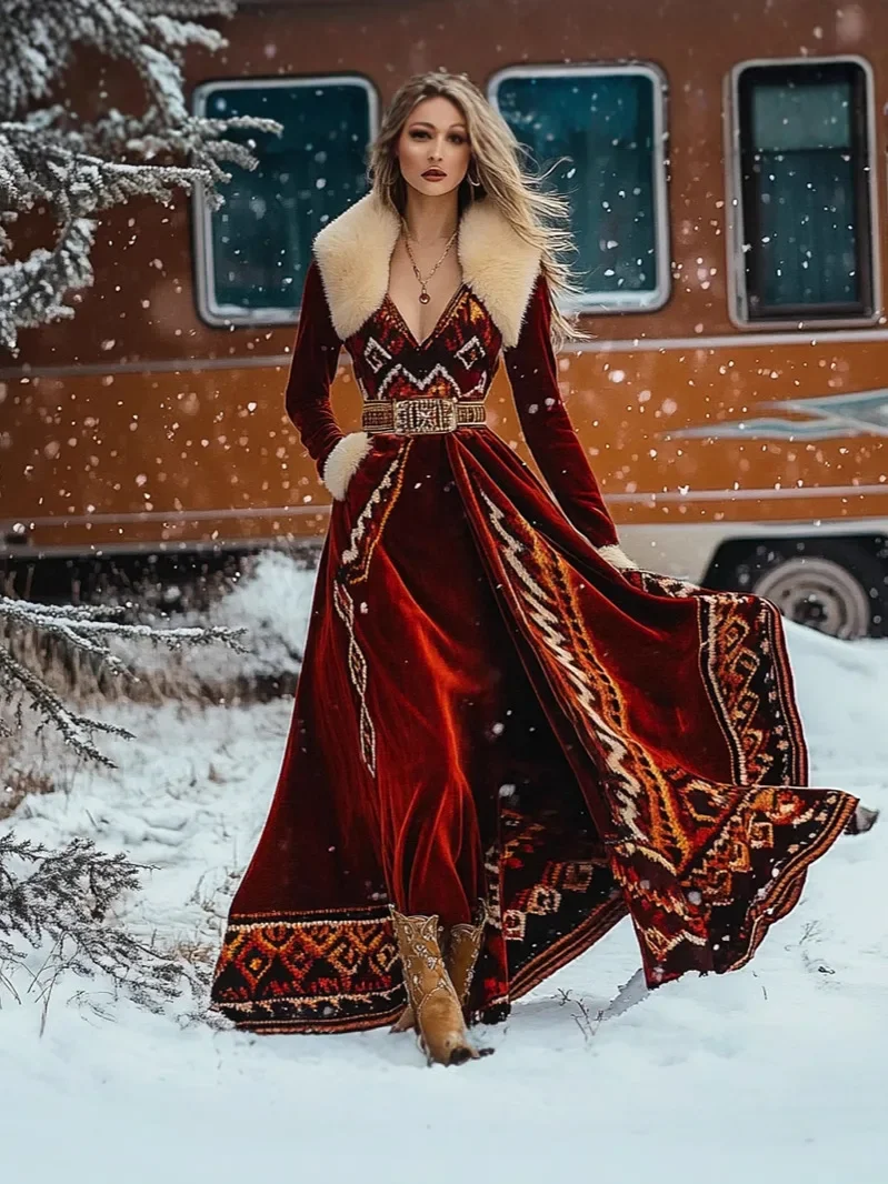 

Women Floral Print Long Dress Fur Collar Winter Autumn Ethnic Retro Casual Elegant Indie Folk Dresses 2025 Long Sleeve Dress