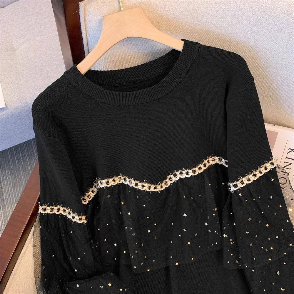 Y2K Black Knitted Dress Women Korean Fashion Casual O Neck Sweater Dress Female Autumn Winter Vintage Sweet Long Sleeve Dresses