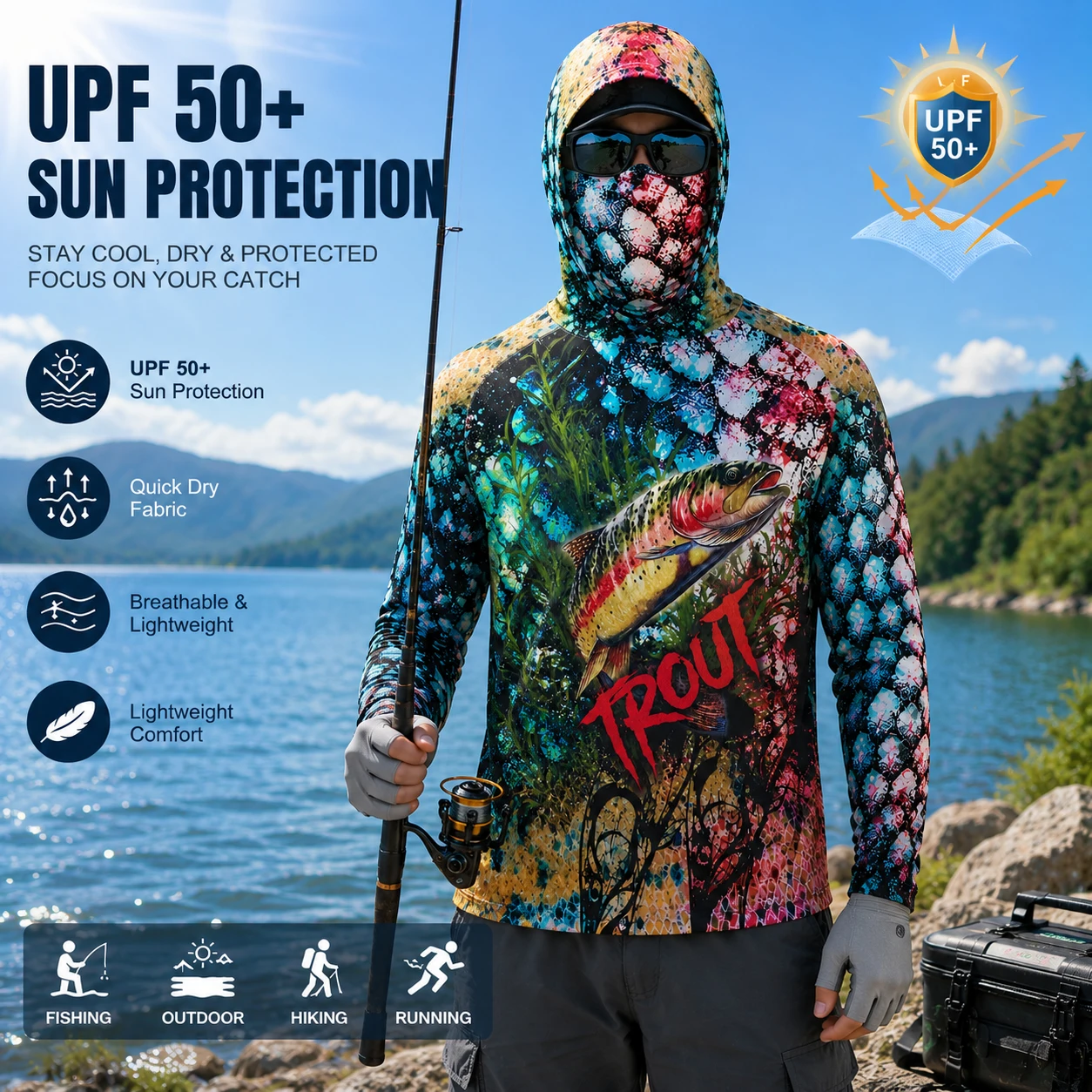 Men's UPF50+ Sun Hat with Mask, Quick-Dry Long Sleeve Sun Protection Vest, USA Flag Pattern, Suitable for Rowing, Sailing, and B image 5