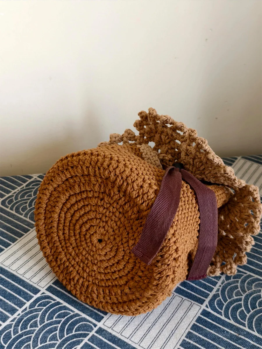 

Hand-woven lace small basket wool crocheted bucket bag material bag homemade handbag gift for girlfriends