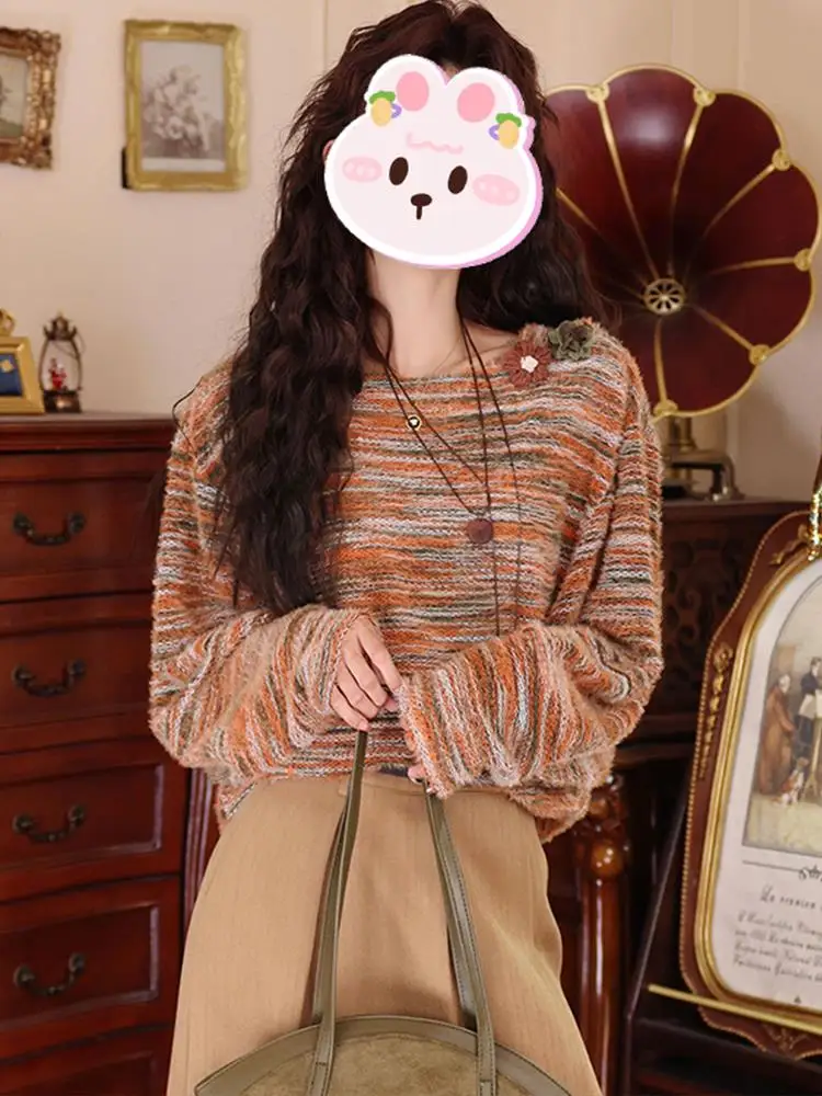 

Повседневный вязаный свитер для женщин, осенняя новинка, универсальный, простой дизайн, с длинными рукавами, круглым вырезом, пуловер, топ