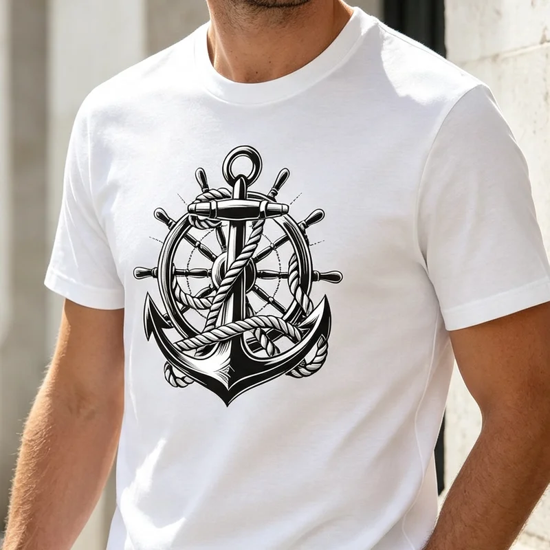 Anchor Wheel Nautical T-Shirt Black White Sailor Ship Wheel Graphic Tee Casual Streetwear for Men Women Unisex Y2k Top Cotton