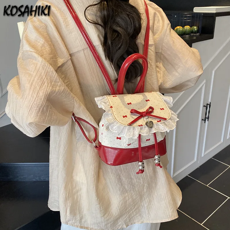 

Patchwork Lace Contrast Color Bow Mini Backpacks Trendy Fashion Cute Handbags Sweet Kawaii Y2k Aesthetic Bags for Women Gifts