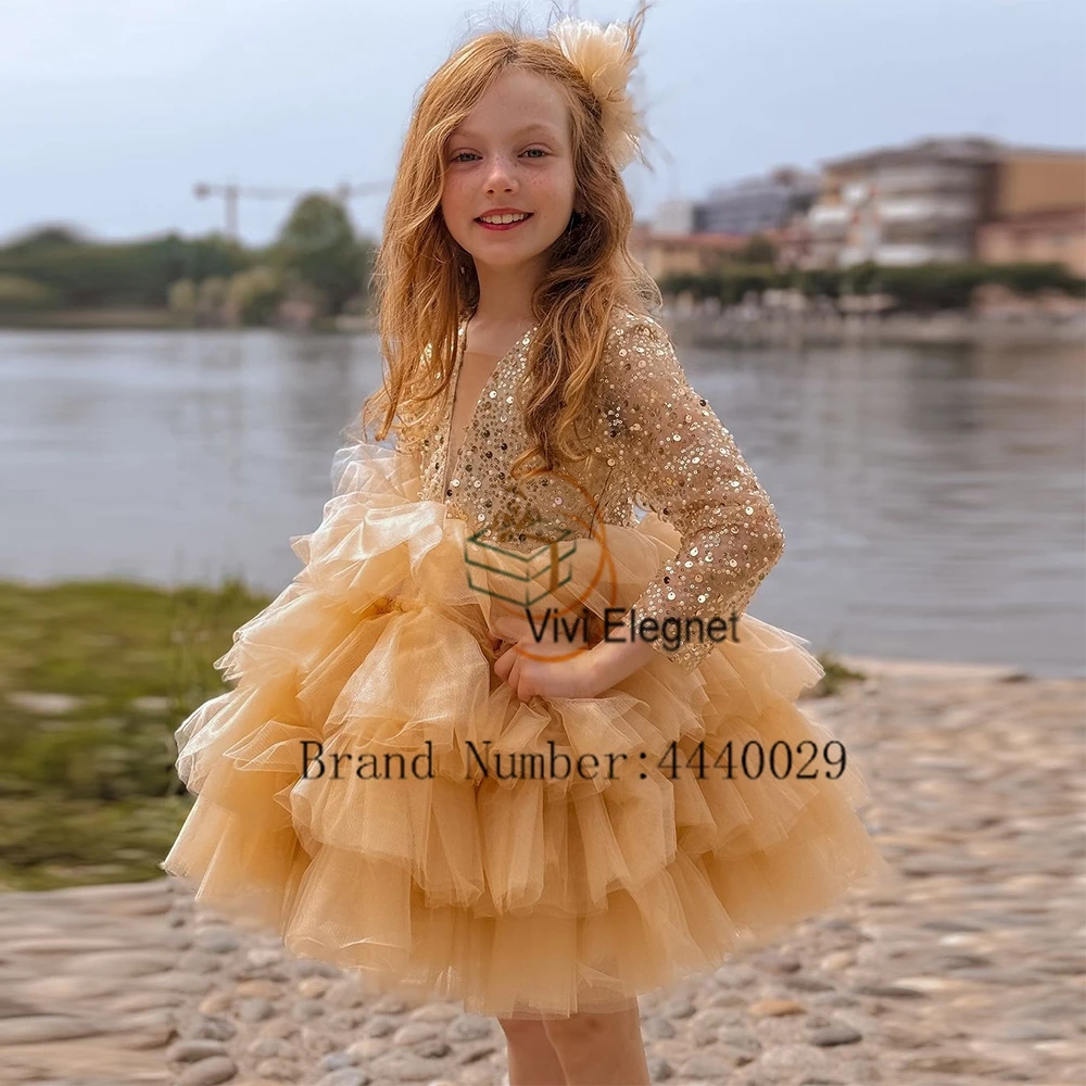 

Fashion Gold Flower Girl Dresses Sequined 2025 Full Sleeve Wedding Party Gowns for Birthday Tiered New Summer فساتين اطفال ل