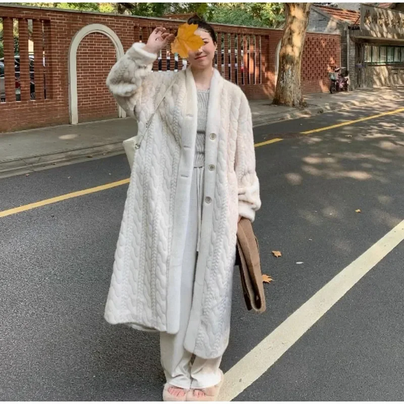 Thicken Faux Fur Coat Women 2024 Winter Long Sleeve Single Breasted Loose Female Midi Jacket Twists Knit Lady Fashion Outcoat