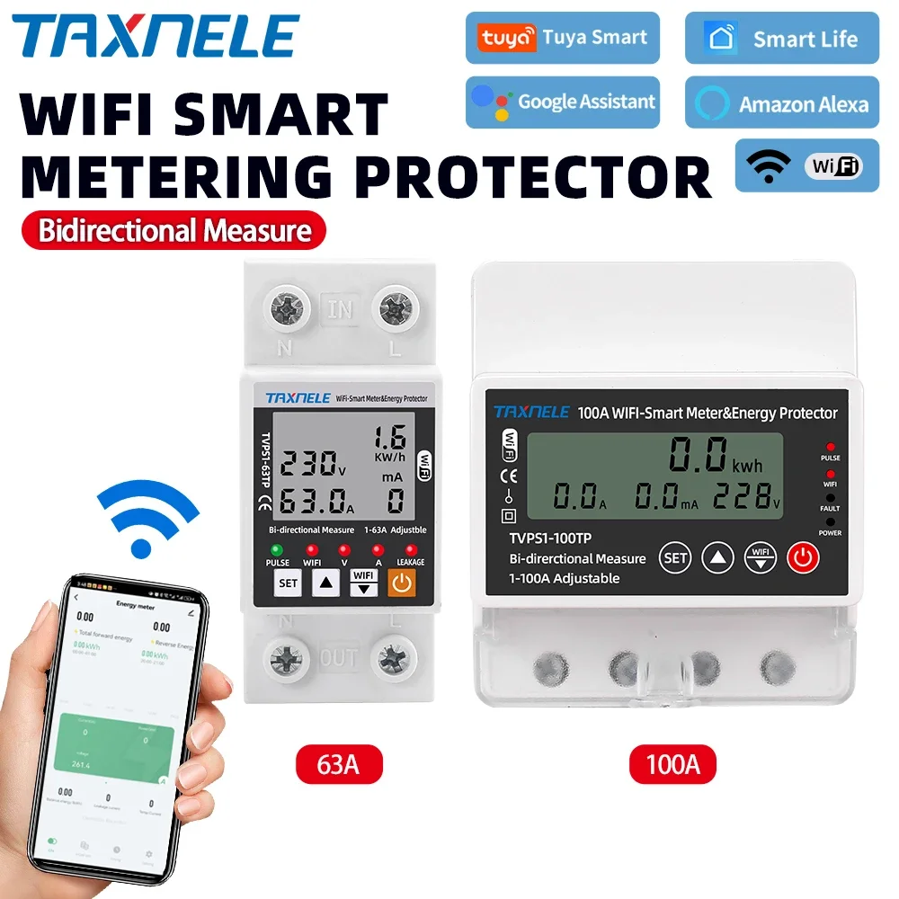 63A 100A TUYA WiFi Smart Fehlerstrom-Über-/Unterspannungsschutzrelais Energie- und Leistungsmesser (kWh) Bidirektionaler Smart Life Zähler