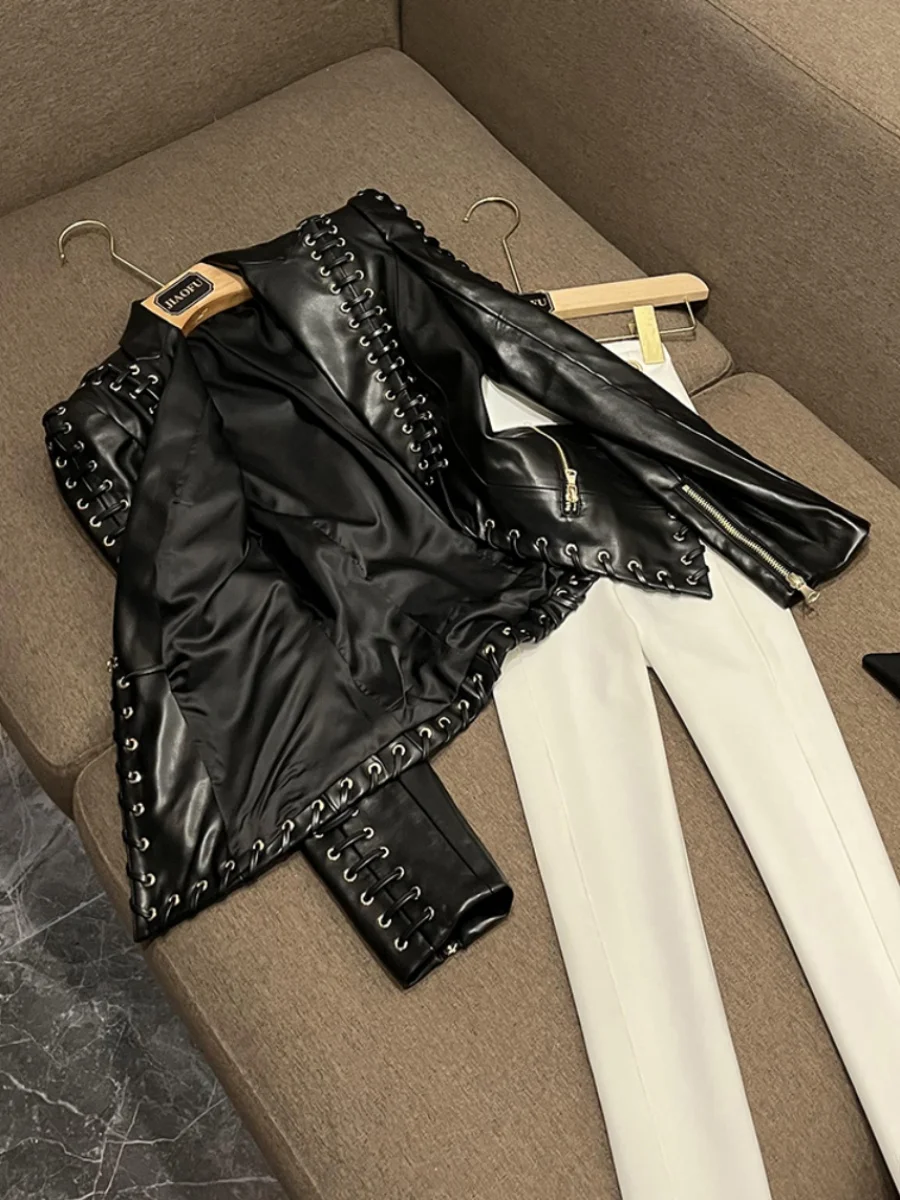 Faionable Star Sle Heavy Du Abrigo de traje Jaet de cuero ajustado con cinturón A20655ZB Commute Sle Cuero sintético Largo S...