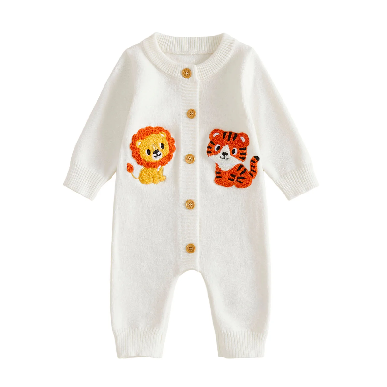 Baby Boy Sweater Romper Lion Tiger Embroidery Crew Neck Knit Bodysuits