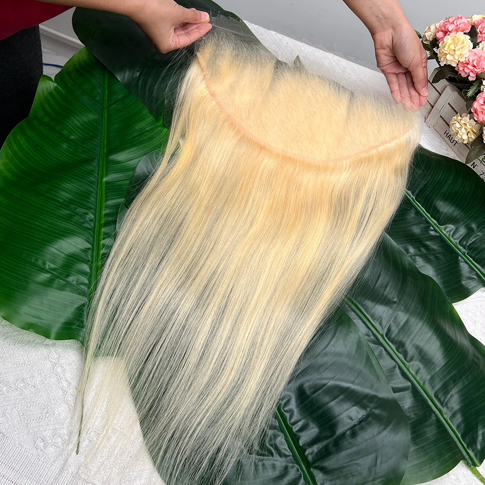 

13x6 HD Невидимая кружевная фронтальная часть # 613 Светлые прямые человеческие волосы, предварительно выщипанные волосы, отбеленные узлы, 100% необработанные девственные волосы