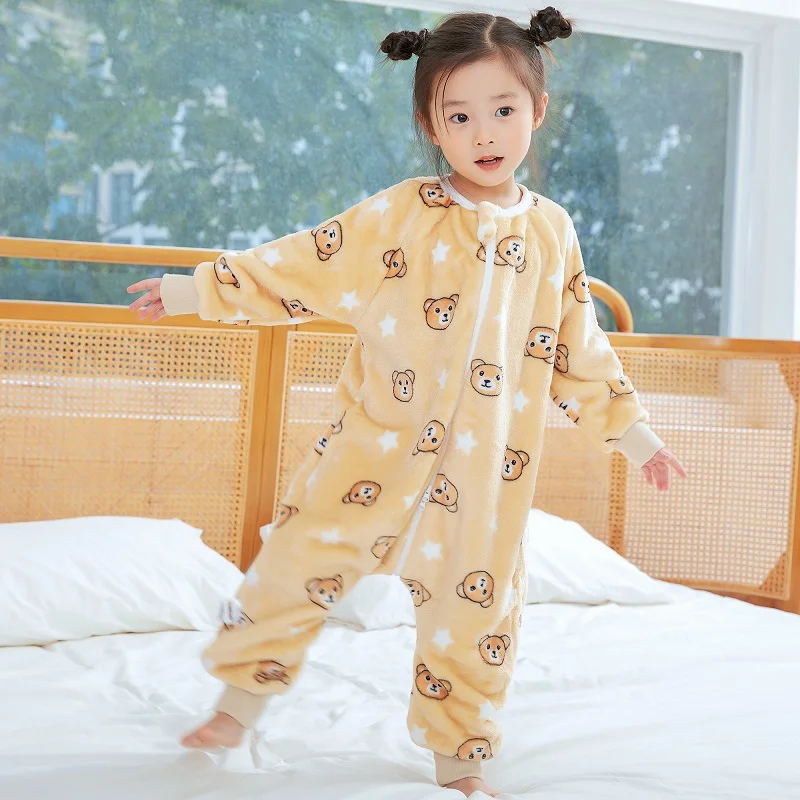 MICHLEY Cute Bear Flannel Baby Kids Sleeping Bag Sleepsack Winter Long Sleeve Wearable Blanket Warm Pajamas For Boys Girls 1-6T