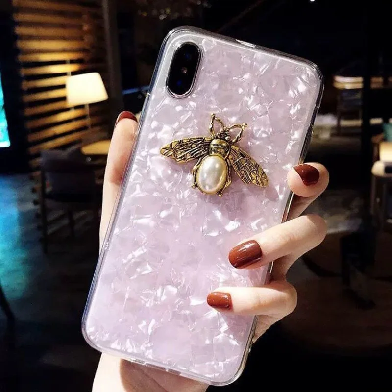 Luxury Bling Pearl Bee Seashells Pattern Phone Case For iPhone 14 13 12 11 Pro Max X Xs XR 7 8 Plus SE 2020 2022 Fashion Cover