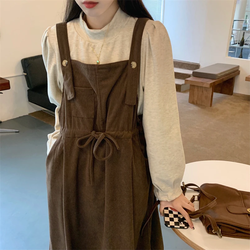 Autumn Retro Corduroy Straps Dress Women Preppy Style Fashion Bandage Design All-match Temper Sleeveless Streetwear Vacation Ins