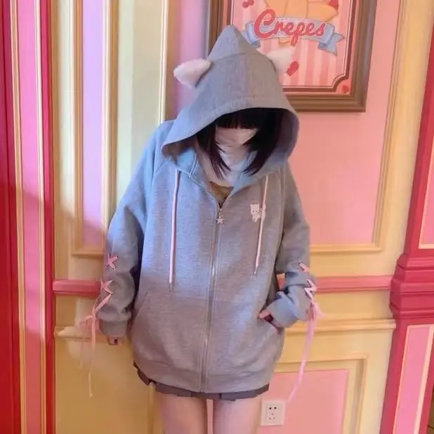 Grey Ear Embroidery Sudadera Mujer Sweet Casual Japanese Kawaii Hoodie Anime Sweatshirts Zip Up Top 2026 Jacket Women - view 4