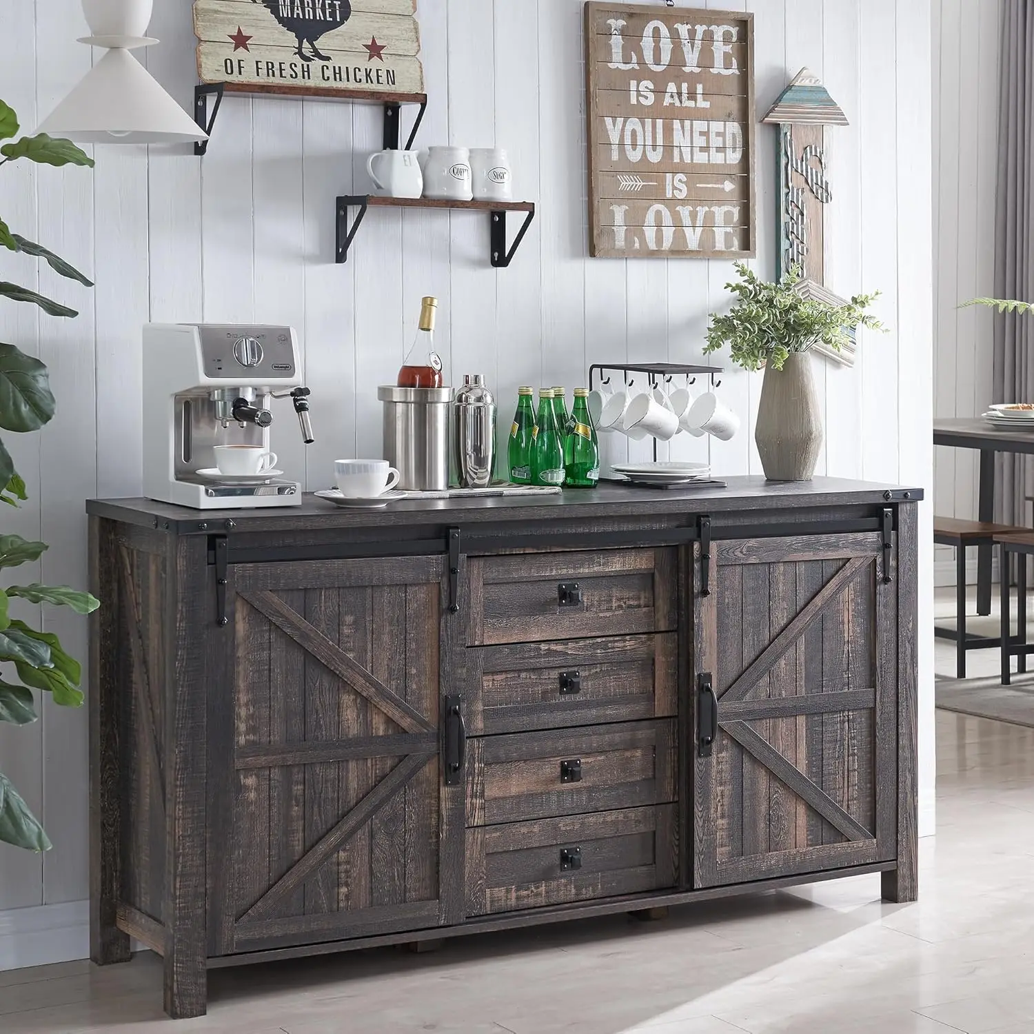 

Farmhouse Sideboard Buffet Cabinet with Storage, 60" Large Kitchen Cabinet w/Sliding Barn Doors and 4 Drawers, 31.2'' Tall Rusti