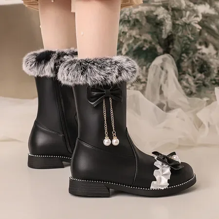 

New Women High Heels Ankle Boots Pearl Chain Mary Jane Pumps Party Wedding Black White Ruffles Bow Princess Cosplay Lolita Shoes